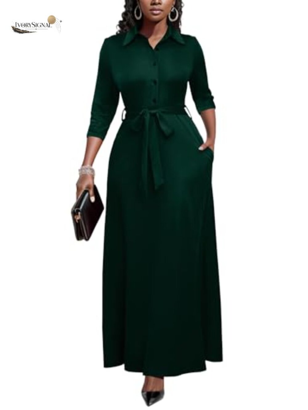 Women's Maxi Dress 3/4 Sleeve Button Down with Pockets Casual Church